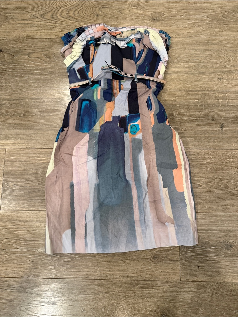 Catherine Malandrino Strapless Abstract Print Dress in Navy, Peach & Cream